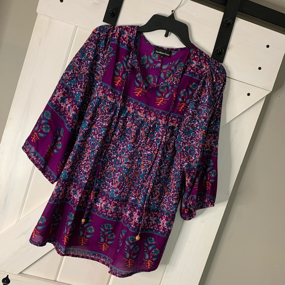 Women’s Fashion Fuse Purple Floral Wide Short Sleeve Oversized Boho Tunic Small - Picture 2 of 10